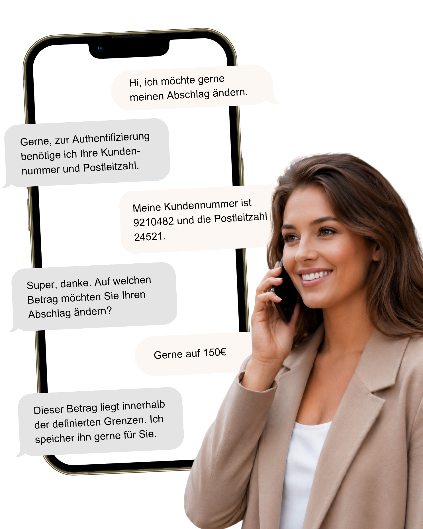 Beispieldialog eines KI VoiceBots: Kundin möchte ihren Abschlag ändern, der Bot prüft Daten und speichert den Vorgang oder übergibt mit Kontext.